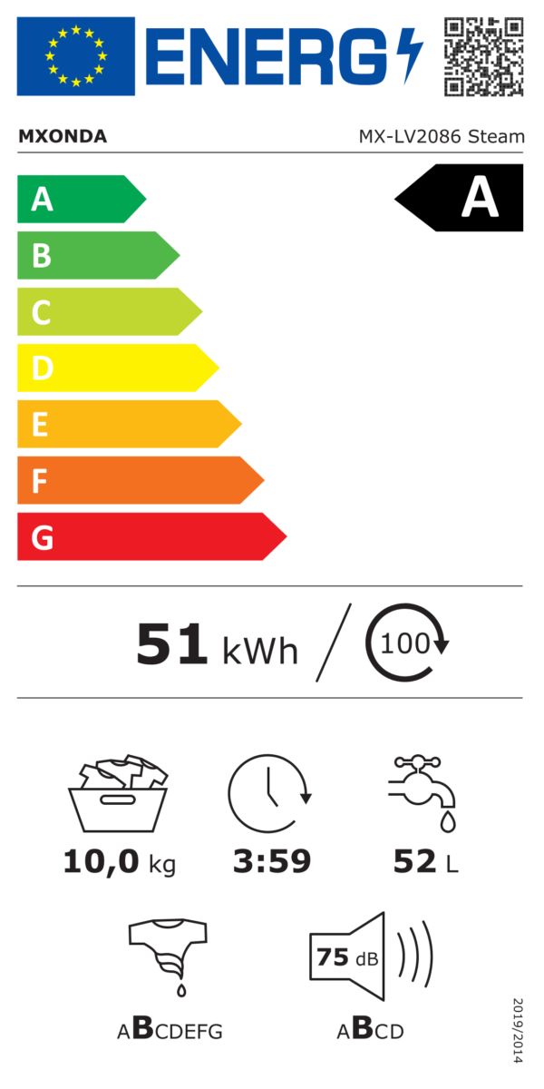 Etiqueta de eficiencia energética clase A de la lavadora MX-LV2086